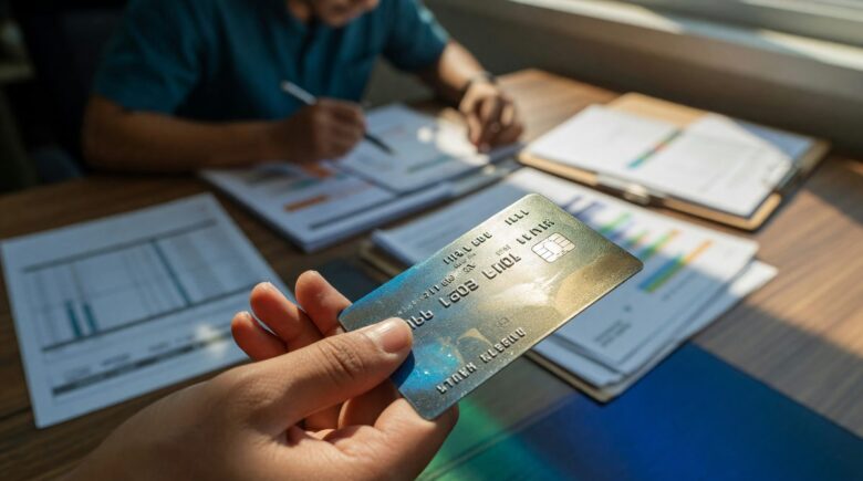 Credit builder card displayed next to a credit score report showing point increases