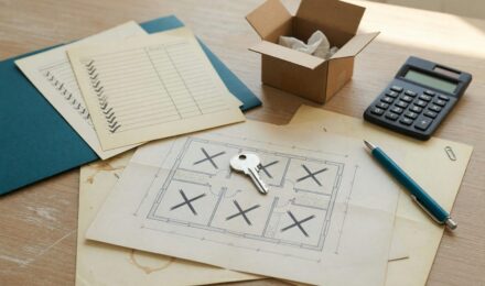 Older couple reviewing moving boxes and home documents while deciding to downsize their retirement home