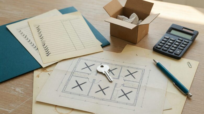 Older couple reviewing moving boxes and home documents while deciding to downsize their retirement home