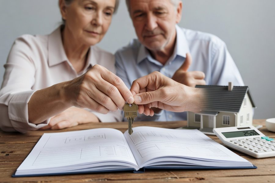 A retired couple reviewing a downsizing checklist at their kitchen table, with sale documents and a calculator nearby.