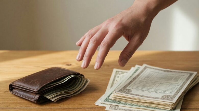 Person reviewing budget and savings plan with calculator and documents on table