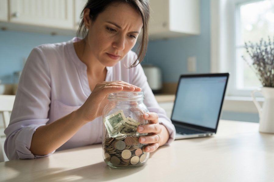 Glass jar labeled emergency fund next to a stock chart with a red downturn arrow.