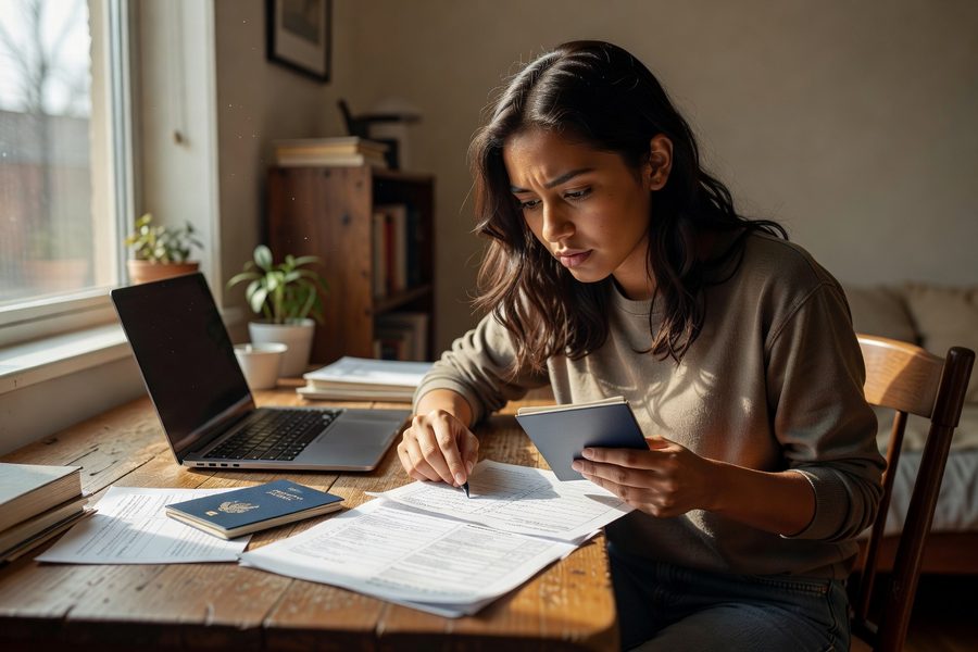 F-1 visa holder opening a U.S. bank account on a smartphone before departure.