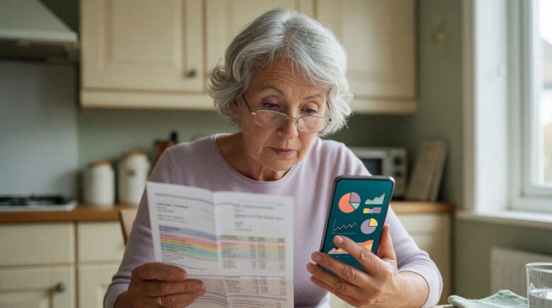 Older adult using smartphone to check bank balance and manage bills through a fintech app
