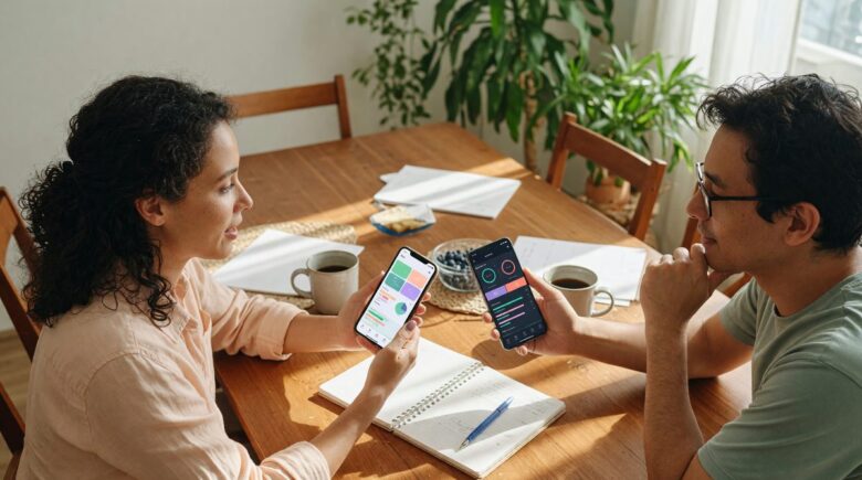 Couple reviewing budget together on mobile phone using a fintech app