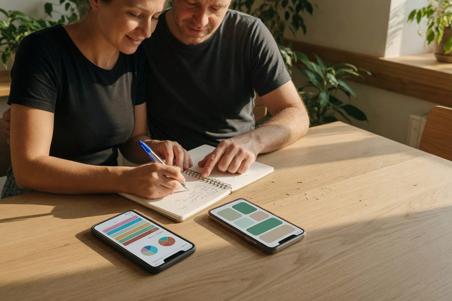 Two smartphones side by side showing a joint budgeting app dashboard with separate privacy settings