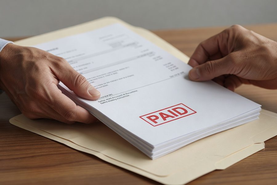 Small business owner reviewing cash flow dashboard with unpaid invoices flagged