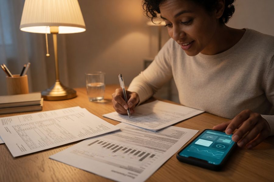Split screen showing a person on chat support with a fintech app while holding a paper bank statement, symbolizing the customer service gap.