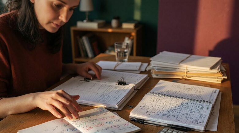 Person reviewing budget spreadsheet with irregular monthly income figures and emergency fund calculations
