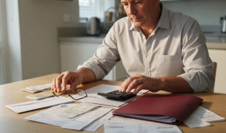 Middle-aged professional reviewing financial documents after job loss, with retirement planning materials on desk