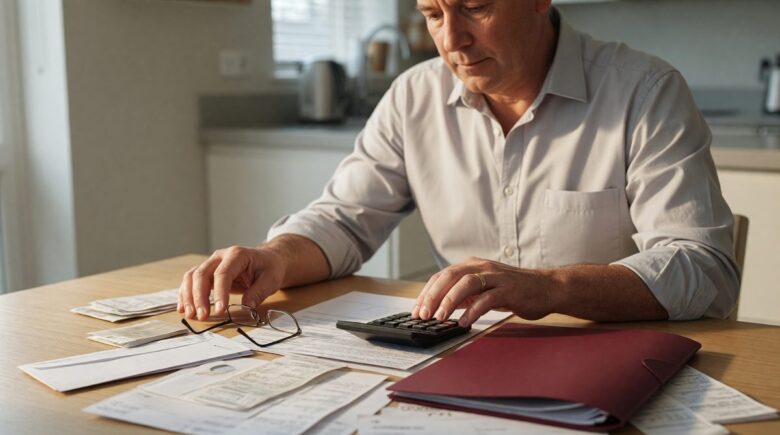 Middle-aged professional reviewing financial documents after job loss, with retirement planning materials on desk