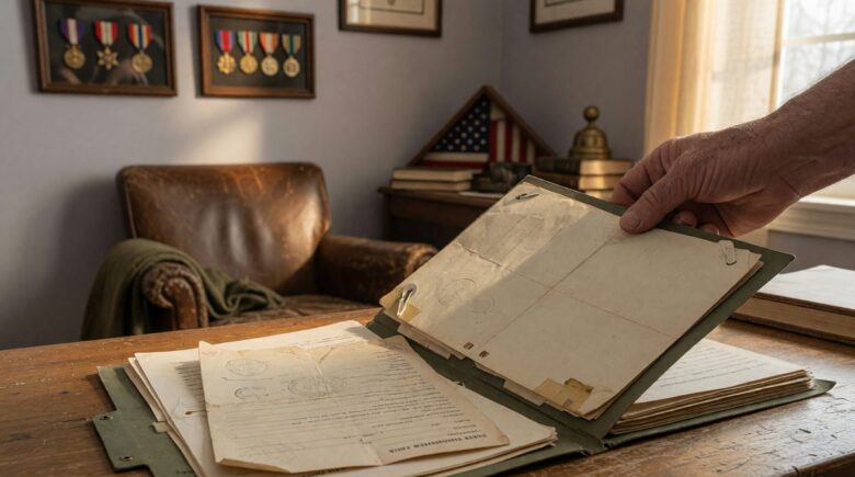 Military veteran reviewing retirement benefits documents with VA-accredited claims agent