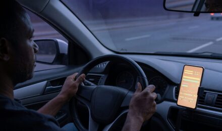 Miami rideshare driver reviewing mileage and expense data on a fintech app dashboard