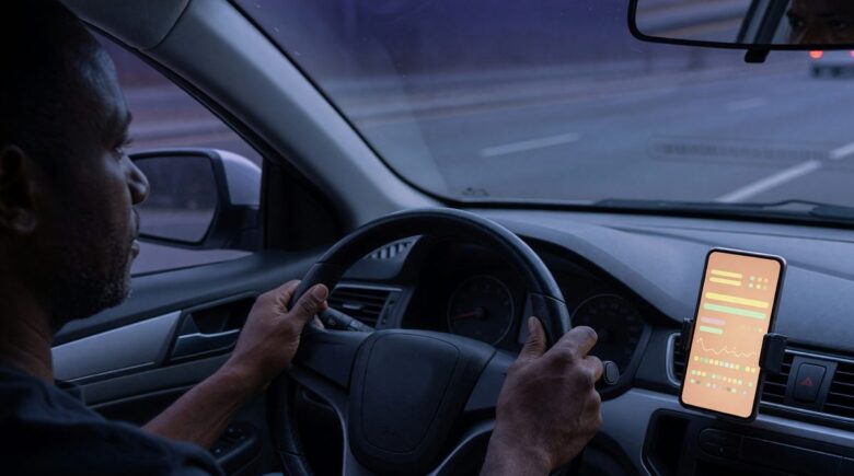 Miami rideshare driver reviewing mileage and expense data on a fintech app dashboard