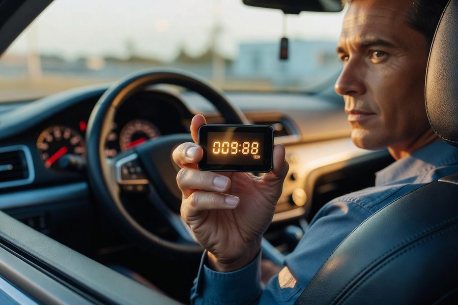 Miami rideshare driver using a mileage tracker app on a dashboard-mounted phone