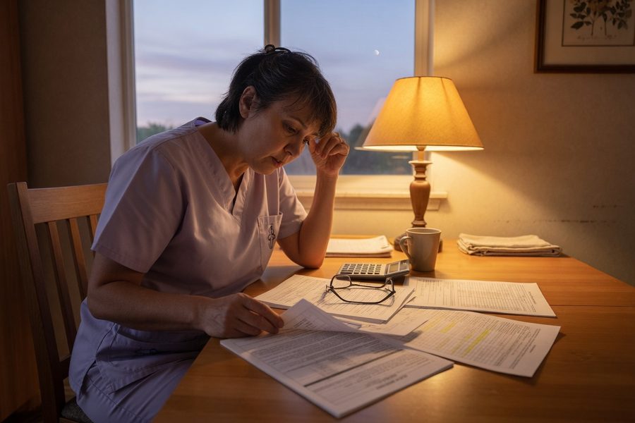 Nurse reviewing pension statement with a calculator at a kitchen table