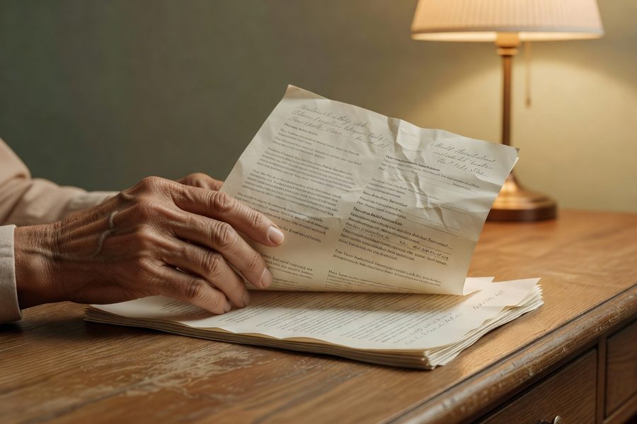 A retiree studies a QLAC illustration next to a TIPS bond ladder printout.