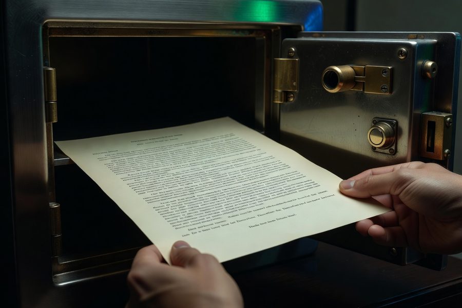A locked safe representing an irrevocable QLAC premium next to a flexible bond certificate.