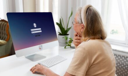 Retiree reviewing bank statement with AI tool on laptop screen