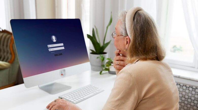 Retiree reviewing bank statement with AI tool on laptop screen
