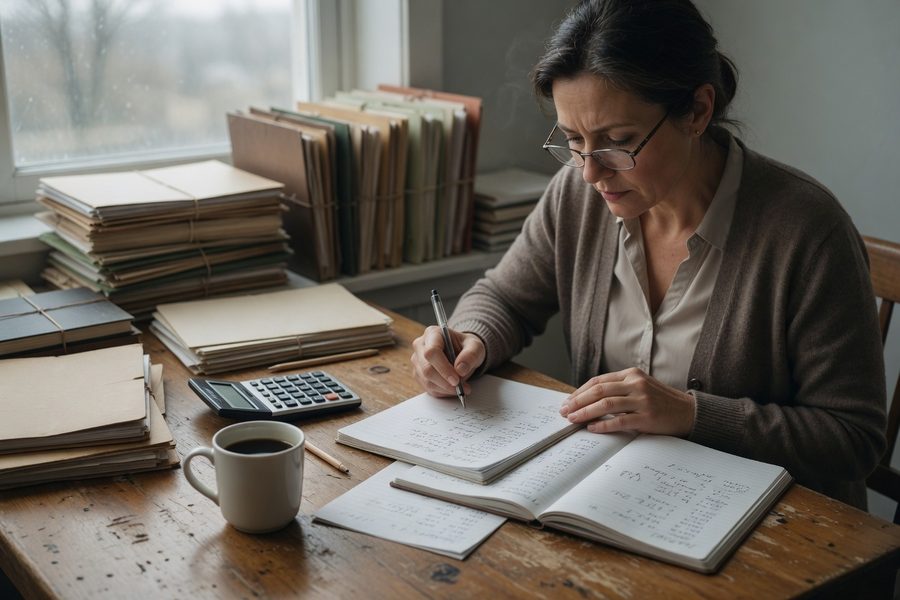 A couple reviewing a detailed retirement income projection at the kitchen table