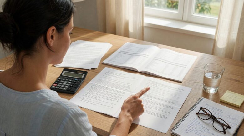 Woman reviewing retirement plan documents after divorce settlement