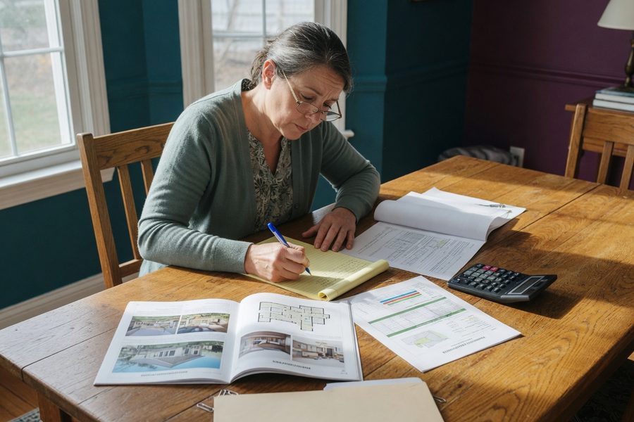 Woman reviewing property tax assessment document at desk