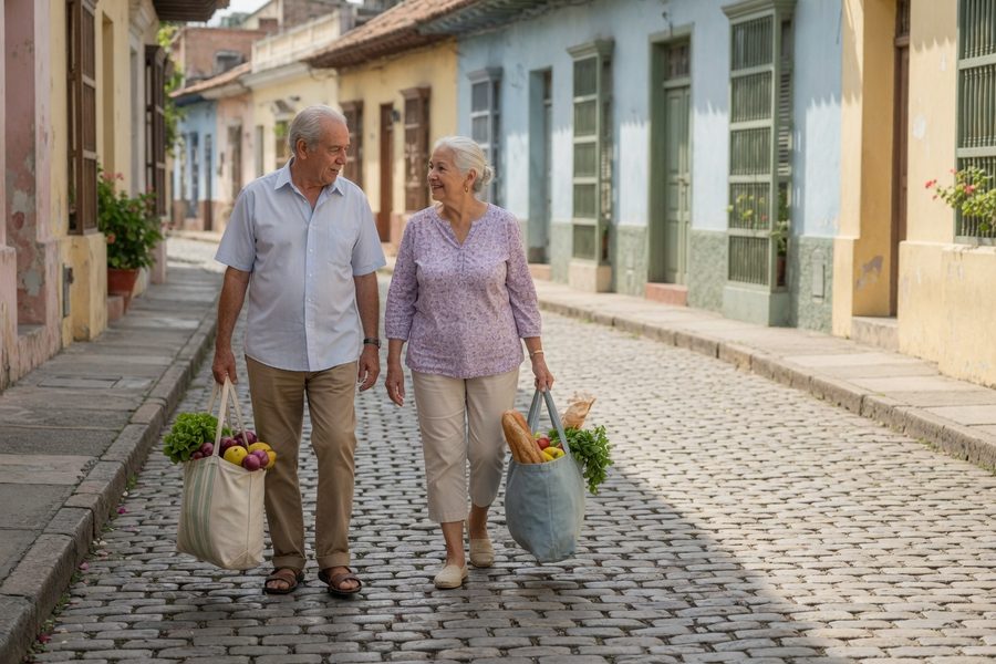 A retired couple buying fresh produce at an outdoor market in Cuenca, Ecuador.