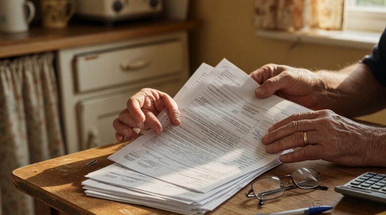 Older homeowner reviewing reverse mortgage documents at kitchen table