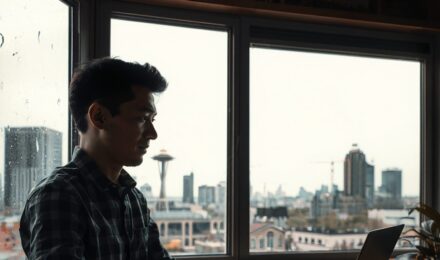 Comparison of Seattle skyline and Austin cityscape with cost breakdown overlay