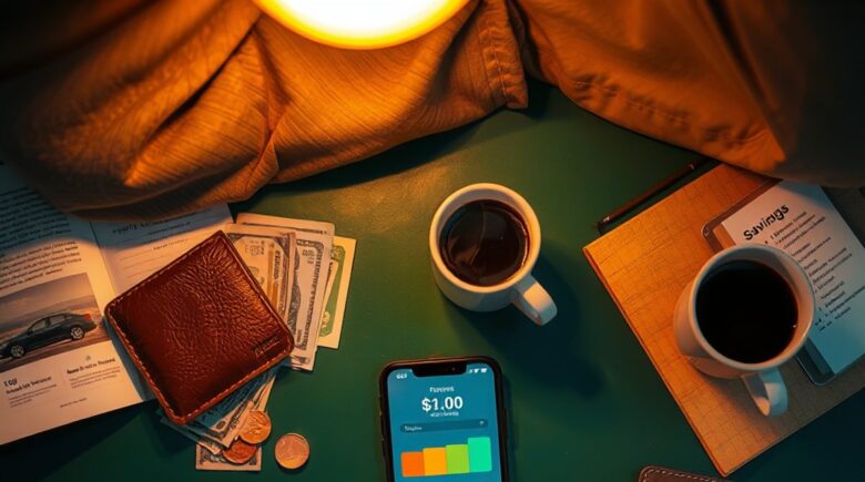 Single father in Phoenix reviewing fintech savings app on smartphone showing progress toward car down payment goal