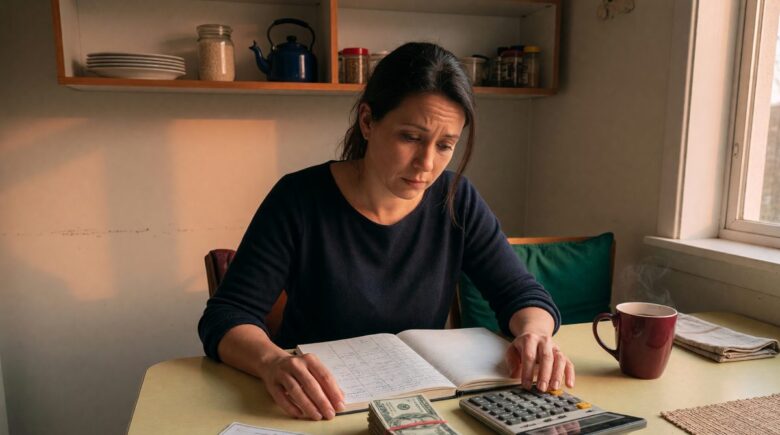 Family budgeting together at home with financial documents and calculator on table