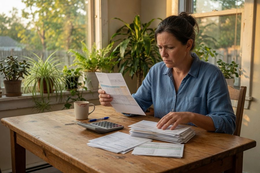 Single-income household reviewing budget documents at kitchen table