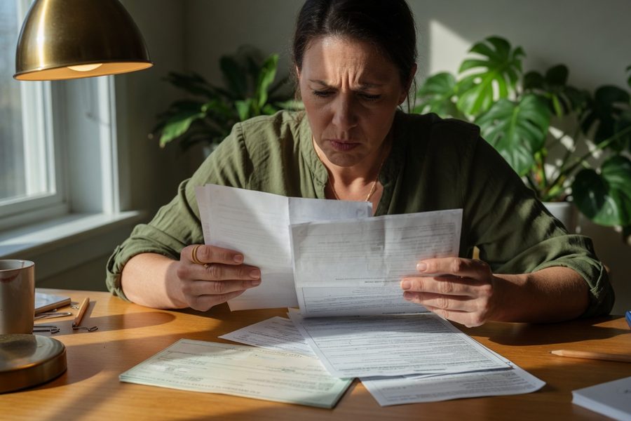 Tax documents and a calculator on a home desk