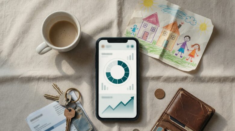 Single mother reviewing micro-investing app on smartphone to build emergency fund