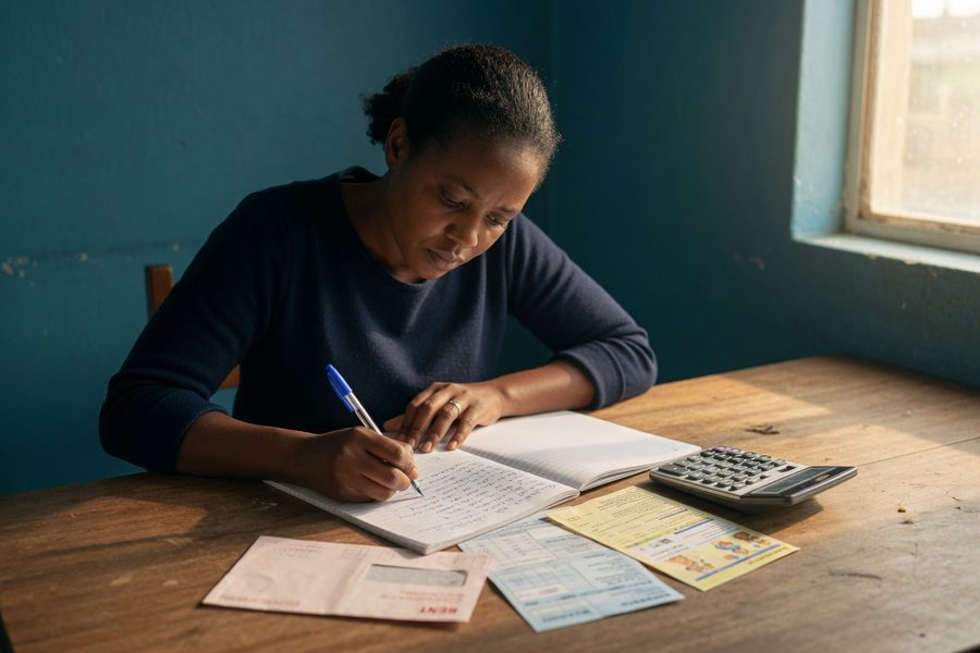 Notebook with handwritten emergency fund target broken into monthly milestones