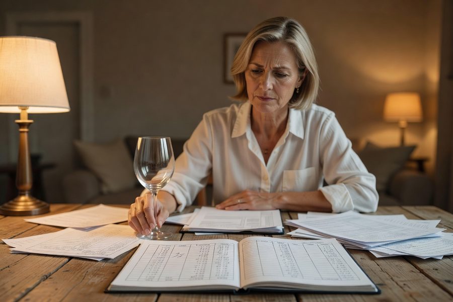 Retiree reviewing Social Security statement at kitchen table with calculator and financial documents