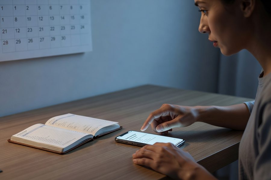 Person reviewing bank statement with tax refund deposit highlighted