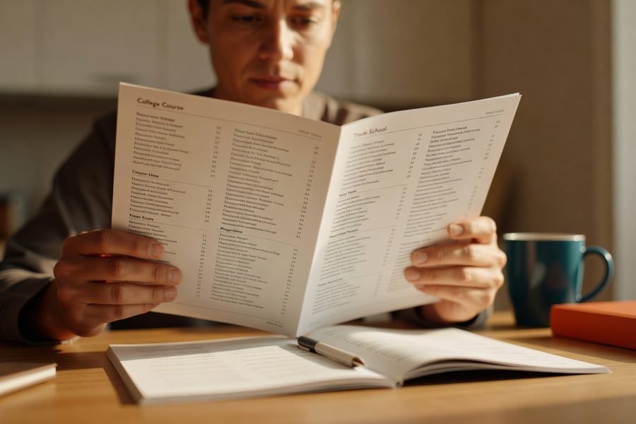 Woman reviewing financial goals on a laptop with a notebook beside her