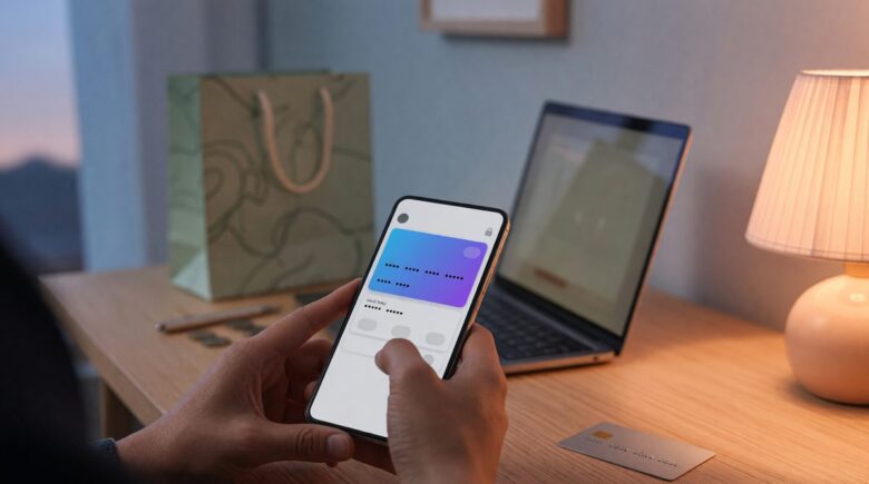 Person using a virtual card for secure online shopping on a laptop