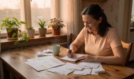 Family reviewing zero-based budget plan at kitchen table with notebook and calculator