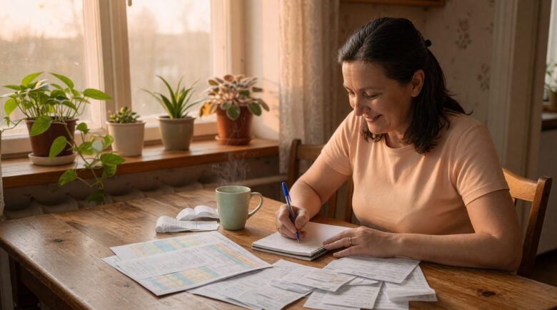 Family reviewing zero-based budget plan at kitchen table with notebook and calculator