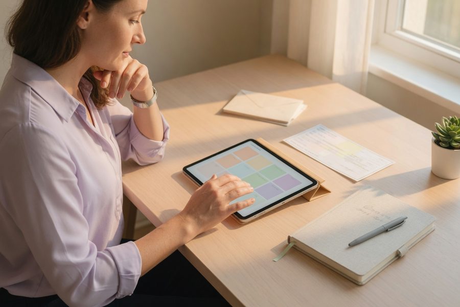 A person relaxes at a kitchen table, reviewing a simple three‑category budget on a tablet.